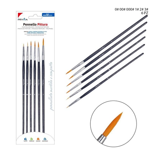 [0221977] Juego de pinceles de nylon extrafinos redondos 6 piezas - Material de bellas artes