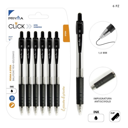[0224096] Bolígrafo de Clic 1MM 6PZ Negro - Herramientas de escritura