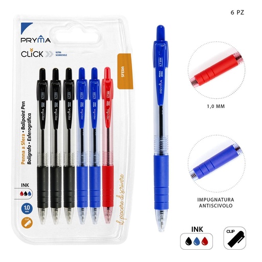 [0224098] Bolígrafo de Clic 1MM 6PZ Mezcla - Herramientas de escritura