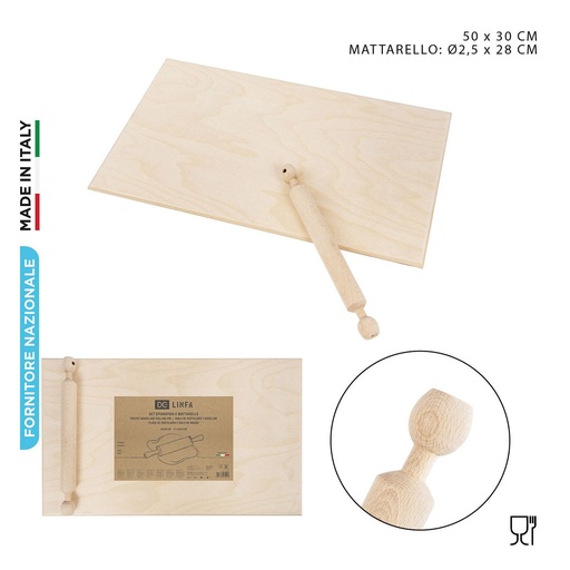 [0224194] Tabla para amasar 50x30cm + rodillo 28x2.5cm para repostería