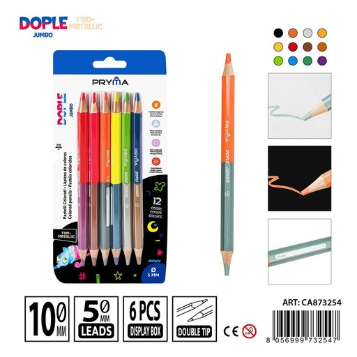 [0227042] Lápices bicolor jumbo metálico y fluorescente 6pz para dibujo y escritura