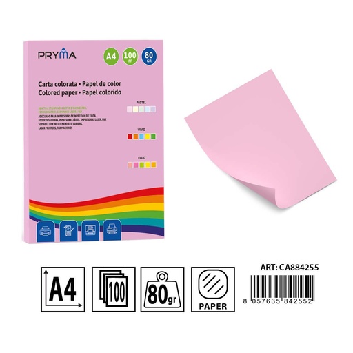 [0233654] Papel color pastel rosa 100 hojas - Materiales de arte y manualidades 
