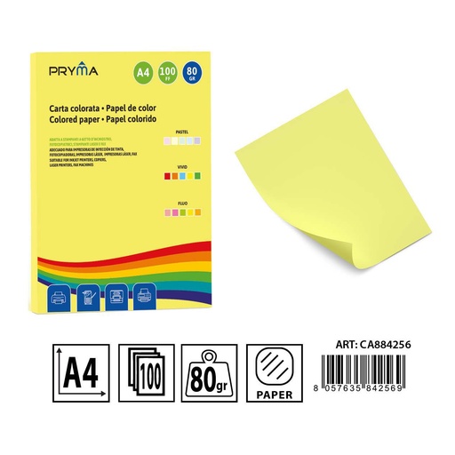 [0233655] Papel color pastel amarillo 100 hojas - Materiales de arte y manualidades 