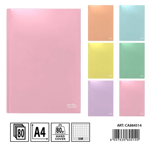 [0234545] Cuaderno rigido A4 5mm cuadros color macaron para notas y dibujo