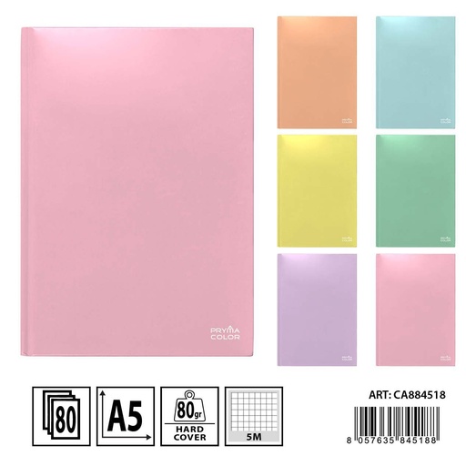 [0234549] Cuaderno A5 rígido color macaron con cuadrícula 5mm Pryma