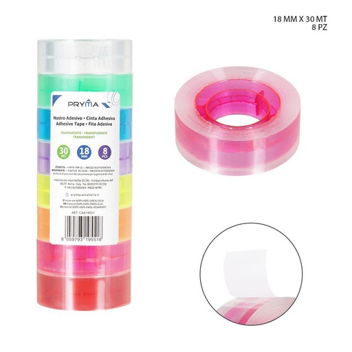 [0231060] Cinta adhesiva transparente colorida 18mm x 30m 8 piezas - Suministros de oficina