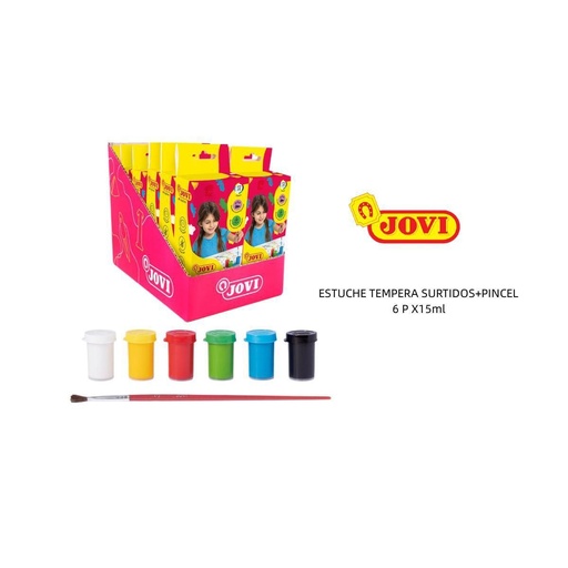 [A000204] Tempera Jovi 6 botes 15ml colores surtidos + pincel para pintar