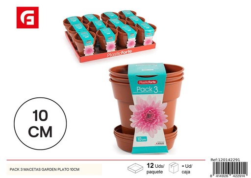 [120142291] Pack de 3 macetas de plástico con plato 10cm - Jardinería