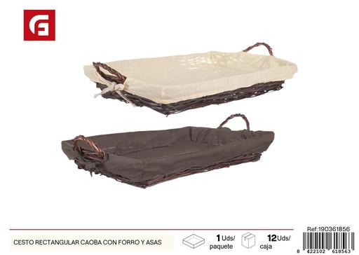 [190361856] Cesto rectangular de caoba con forro y asas - Decoración del hogar y cestas de mimbre