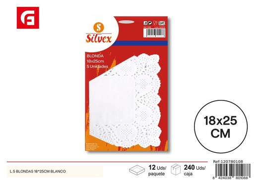 [120780108] Plato Desechable L.5 Blondas 18x25cm Blanco - Artículos desechables