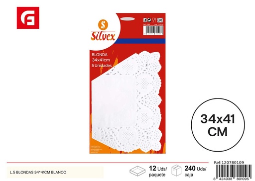 [120780109] Plato Desechable L.5 Blondas 34x41cm Blanco - Artículos desechables