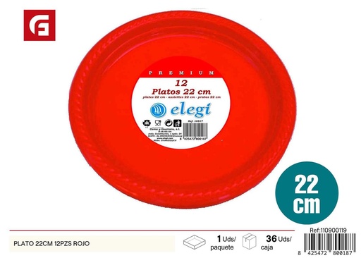 [110900119] Plato desechable rojo 22cm 12pz - Platos para eventos
