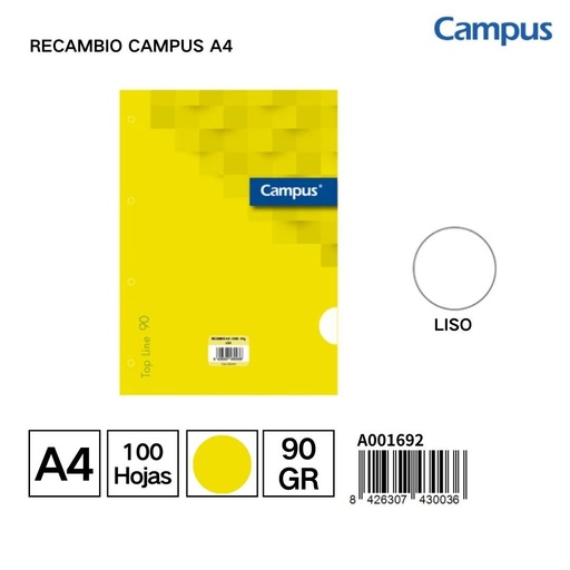 [A001692] Cuaderno A4 4 agujeros liso 100 hojas 90g recambio