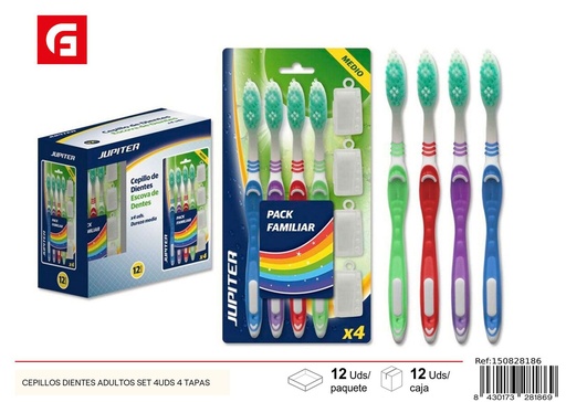 [150828186] Set de cepillos de dientes adultos 4 unidades + 4 tapas - Productos de cuidado personal