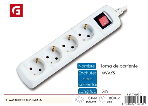 [171017717] Regleta de 4 tomas con interruptor, 1.5mm, 5 metros - Suministros eléctricos