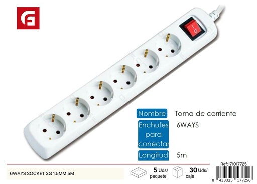[171017725] Regleta de 6 enchufes 3G 1.5MM 5M - Suministros eléctricos y extensiones