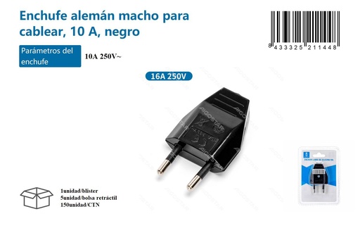 [171021144] Enchufe alemán macho para cablear 10A negro - Suministros eléctricos