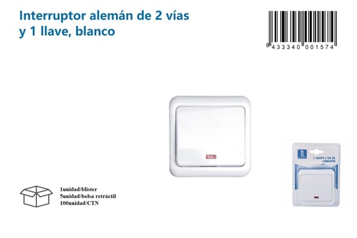 [171000157] Interruptor de pared alemán blanco de 2 vías y 1 tecla - Accesorios eléctricos