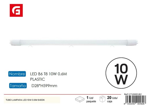 [171000182] Tubo de plástico LED 0,6M 10W 6500K - Iluminación eficiente
