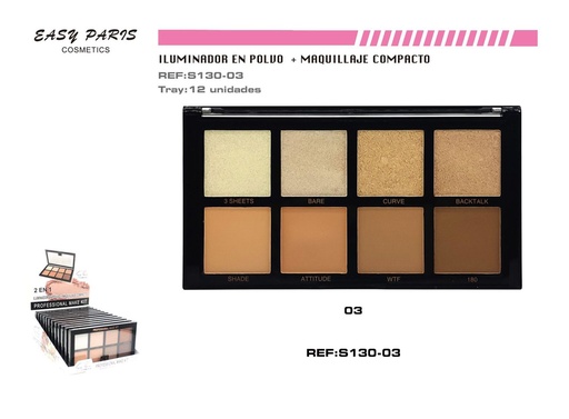 [S130-03] Kit de maquillaje compacto + colorete + iluminador 12U - Productos de maquillaje