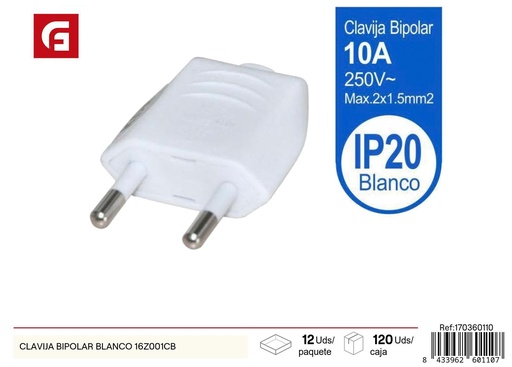 [170360110] Clavija bipolar blanca 10A 250V - Suministros eléctricos