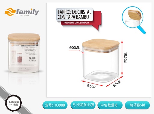 [103988] Tarros de cristal con tapa de bambú 10x11cm 600ml - Almacenaje y cocina