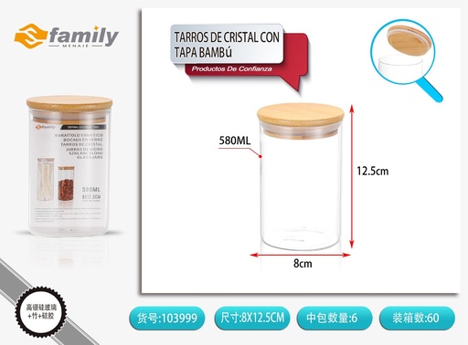 [103999] Tarros de cristal con tapa de bambú 80x130mm 580ml - Almacenamiento