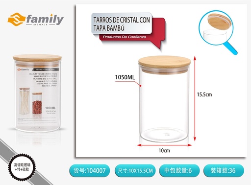 [104007] Tarros de cristal con tapa bambú 100x160 mm 1050 ml - Almacenamiento de cocina