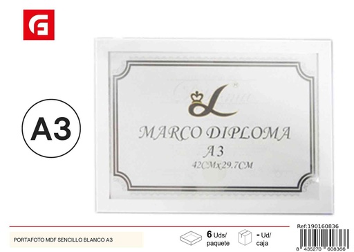 [190160836] Portafoto MDF sencillo blanco A3 - Marco de fotos para diplomas