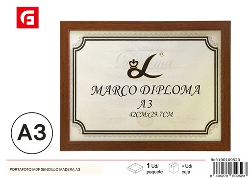 [190109523] Portafoto MDF sencillo madera A3 - Marco de fotos para diplomas