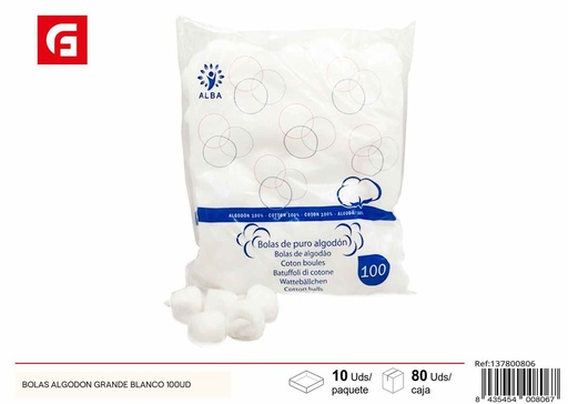 [137800806] Bolas de algodón grandes blancas 100 unidades - Productos de cuidado personal