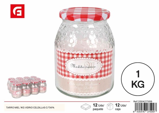 [A003392] Tarro de miel de vidrio 1kg con tapa y diseño de celdillas
