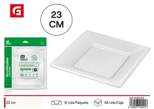 [141822441] Plato llano cuadrado blanco 23X23 cm reutilizable 5 unidades - Utensilios desechables