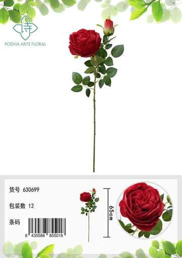 [630699-红色] Vara de flor artificial rosa de 2 cabezas 65cm para decoración