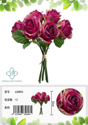[630894紫红] Ramo de flores artificiales: ramo de rosas búlgaras 7 cabezas