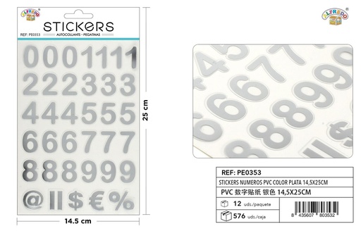 [PE0353] Stickers números PVC color plata 14.5X25 cm - Pegatinas decorativas