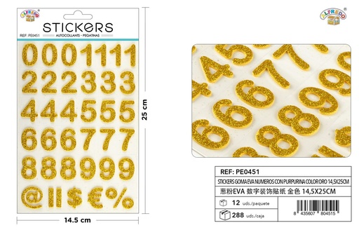 [PE0451] Stickers goma EVA números purpurina color oro 14,5X25CM - Pegatinas