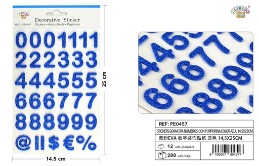 [PE0457] Stickers de goma EVA con números purpurina color azul 14.5x25cm para manualidades y decoración