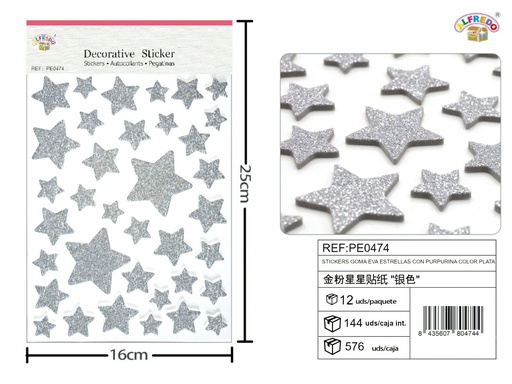 [PE0474] Stickers de goma eva estrellas purpurina color plata 16*25cm - Accesorios decorativos