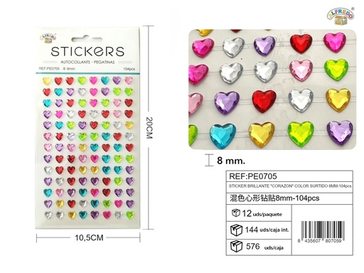 [PE0705] Sticker brillante "Corazón" color surtido 8mm-104pcs 10,5X20 cm - Pegatinas decorativas