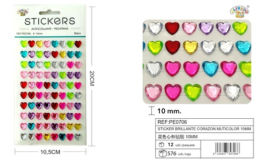 [PE0706] Sticker brillante "Corazón" color surtido 10mm-80pcs 10,5X20 cm - Pegatinas decorativas