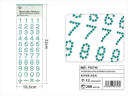 [PE0746] Pegatinas brillantes números color azul 3mm 10.5x32cm para manualidades