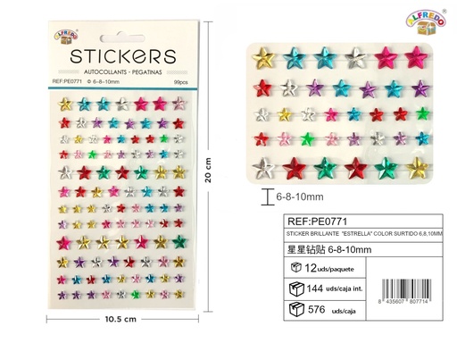 [PE0771] Pegatina brillante "estrella" color surtido 6, 8, 10mm 10.5x20cm para manualidades