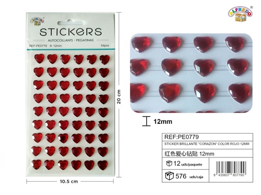 [PE0779] Sticker brillante "Corazón" color rojo 12mm-54pcs 10,5X20 cm - Pegatinas decorativas