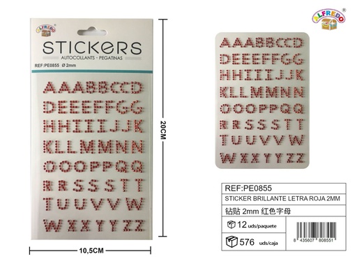 [PE0855] Pegatinas brillantes letras rojas 2 mm 10 x 20 cm - Decoración