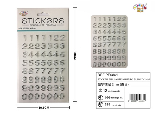 [PE0861] Stickers brillantes números blancos 2mm 10.5x20cm para manualidades