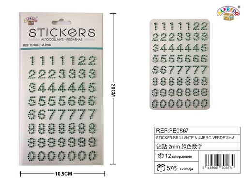[PE0867] Pegatinas brillantes números verdes 2 mm 10 x 20 cm - Decoración