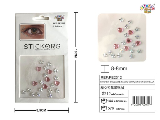[PE2312] Sticker brillante facial corazón rosa con estrella 8.5x16cm - Accesorios de belleza