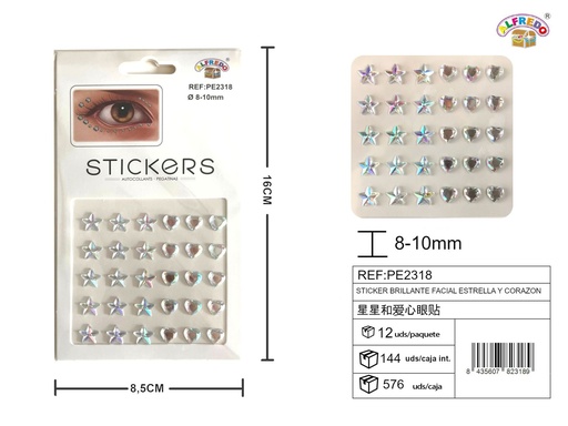 [PE2318] Sticker brillante facial estrella y corazón 8.5x16 cm - Decoraciones faciales