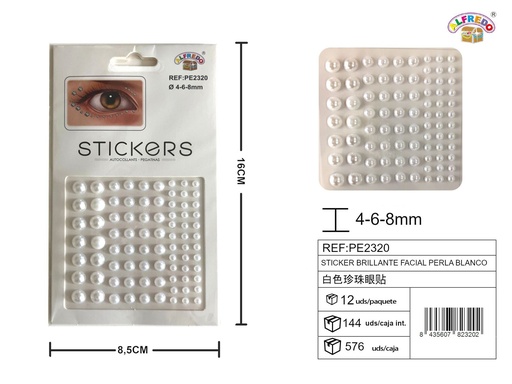 [PE2320] Sticker brillante facial perla blanco 4,6,8mm 8.5x16 cm - Decoraciones faciales
